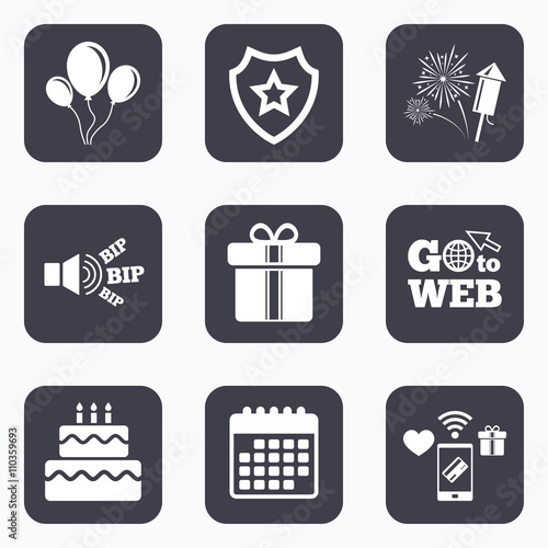 Birthday party icons. Cake and gift box symbol