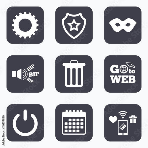 Anonymous mask and gear signs. Recycle bin icon