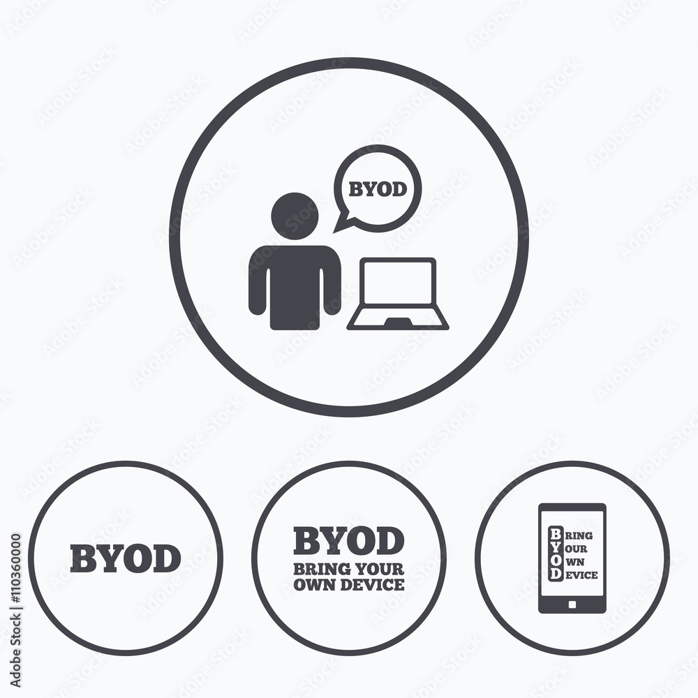 BYOD signs. Human with notebook and smartphone. BYOD signs. Human with notebook and smartphone.