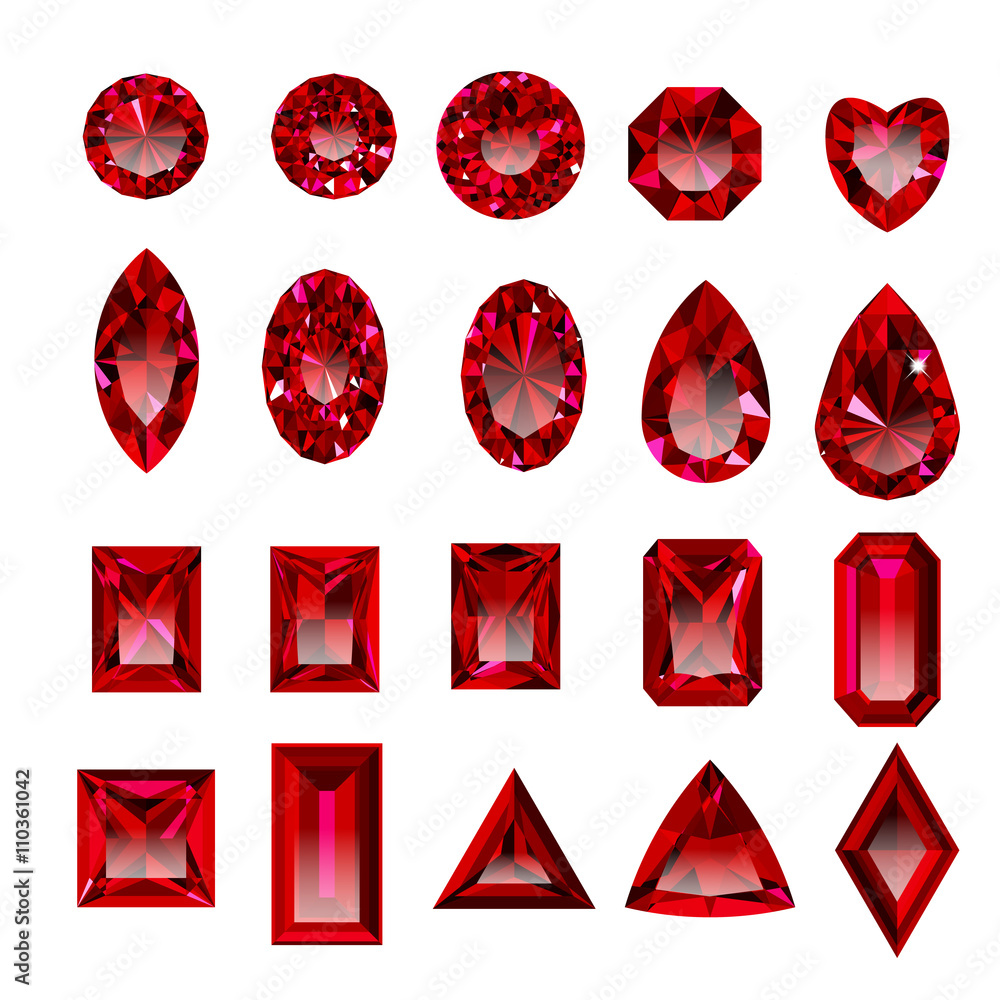 Set of realistic red jewels. Colorful red gemstones. Red rubies