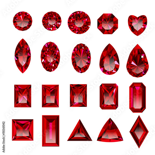 Set of realistic red jewels. Colorful red gemstones. Red rubies  isolated on white background. Princess cut jewel. Round cut jewel. Emerald cut jewel. Oval cut jewel. Pear cut jewel . Heart cut jewel. photo