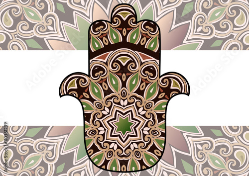 ethnic hamsa background. Card with a pattern in ethnic style - maroon-brown hamsa with mandala on background