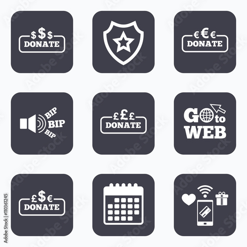 Donate money signs. Dollar, euro and pounds.