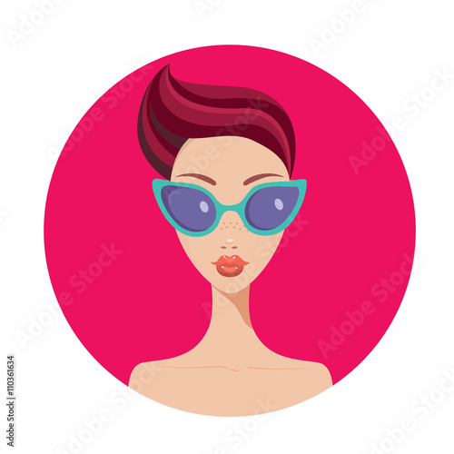 Beautiful young woman with short hair style wearing stylish sunglasses