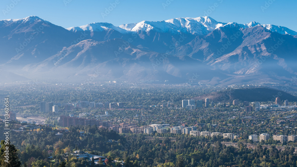 Great aerial view of Santiago de Chile with the Andes Mountains at the background