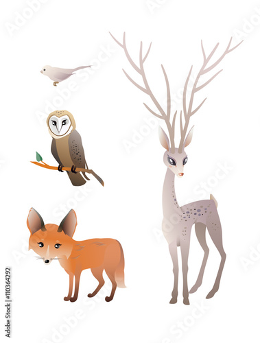 Forest Animals Vector Set. Deer  Red Fox  Owl  Bird. The vector illustration of the Forest Animals. Set of Cute Animals isolated on White Background. Vector illustration EPS8. No Transparency 