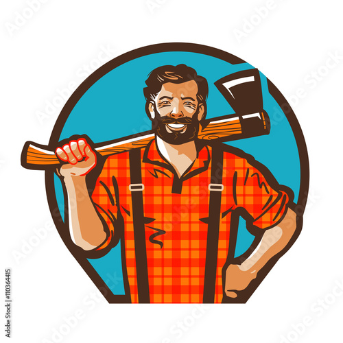 Cartoon lumberjack holding an axe. Vector illustration