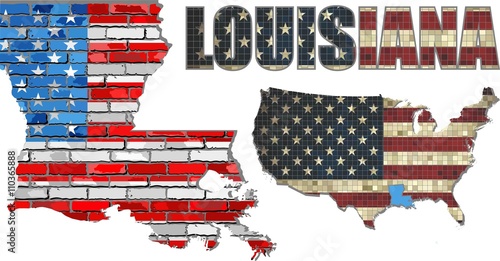 USA state of Louisiana on a brick wall - Illustration,
The flag of the state of Louisiana on brick textured background, 
Louisiana Flag painted on brick wall,
Font with the United States flag