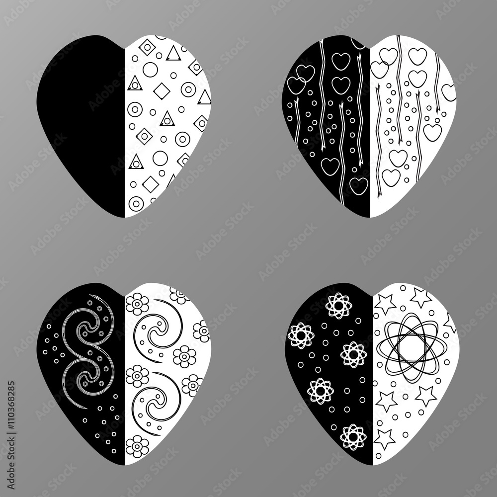 Vector black and white hearts with graphic black and white pattern on a ...