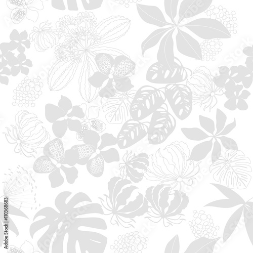. gray seamless pattern tropical flowers on white background.vector illustration