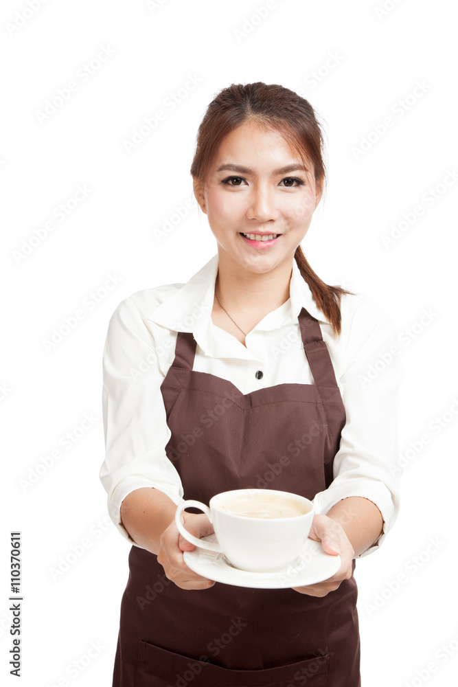 Waitress or barista in apron holding coffee Waitress or barista in apron holding coffee