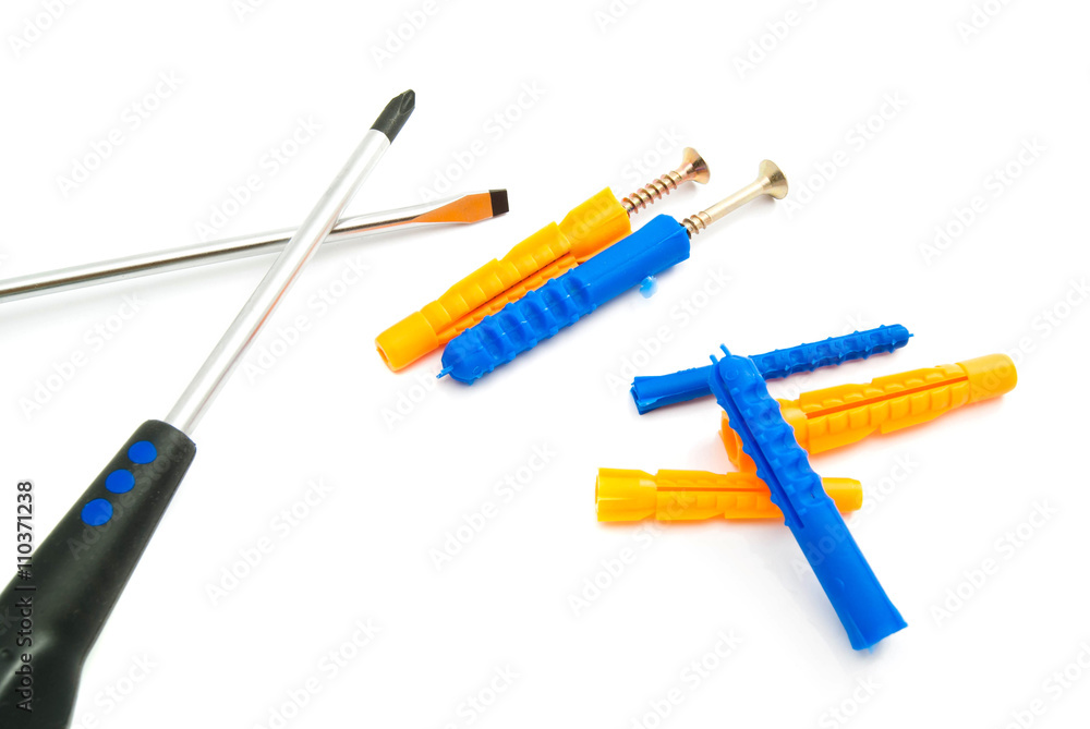 colorful dowels, screws and screwdrivers colorful dowels, screws and screwdrivers
