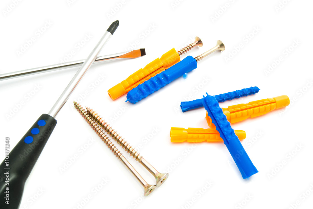 colored dowels, screws and screwdrivers colored dowels, screws and screwdrivers