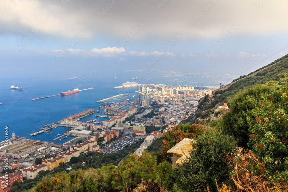 View of the sea/ocean and city of Gibraltar from the top of the rock