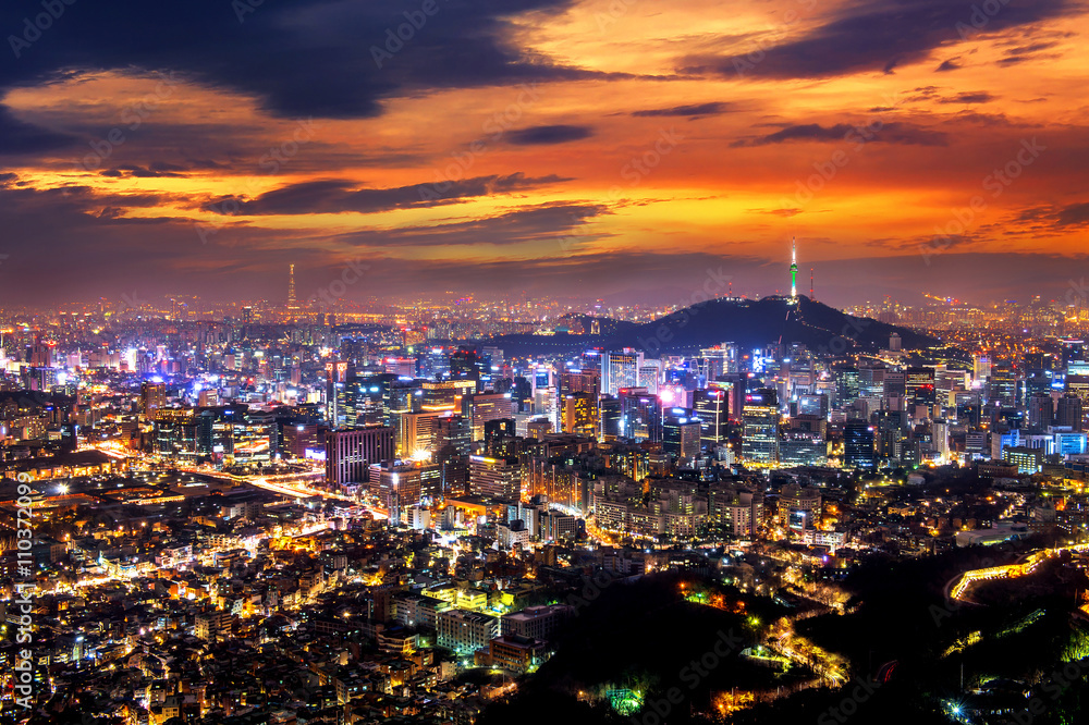 View of downtown cityscape and Seoul tower in Seoul, South Korea