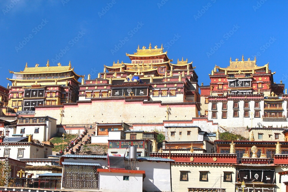Obraz premium Songzanlin Temple also known as the Ganden Sumtseling Monastery, is a Tibetan Buddhist monastery in Zhongdian city( Shangri-La), Yunnan province China and is closely Potala Palace in Lhasa