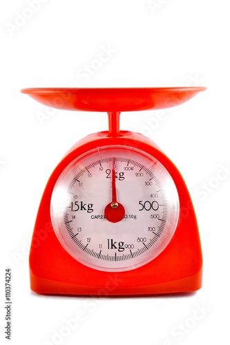 kitchen food scale on white background