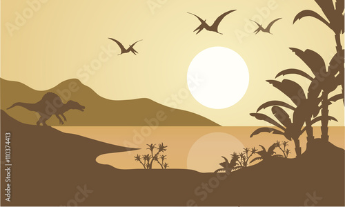 Silhouette of pterodactyl and spinosaurus