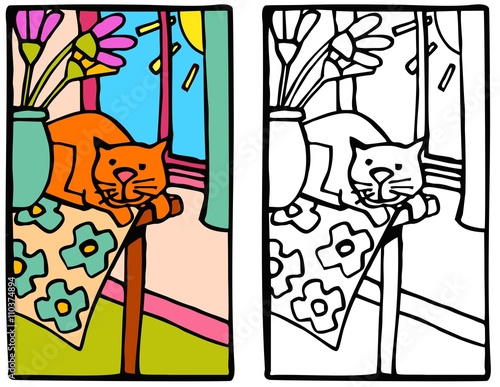 cat sunning itself on a table by the window.