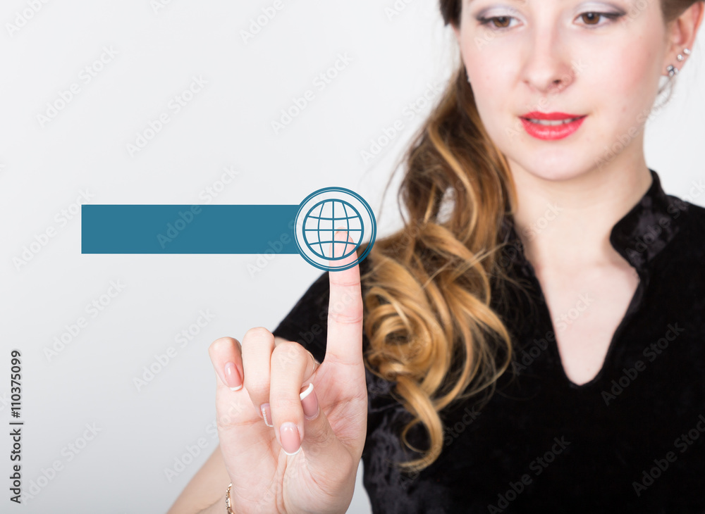 technology, internet and networking concept. beautiful woman in a black business shirt. woman presses online service button on virtual screens, empty field for notes technology, internet and networking concept. beautiful woman in a black business shirt. woman presses online service button on virtual screens, empty field for notes