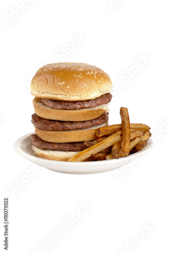 tall burger sandwich and fries