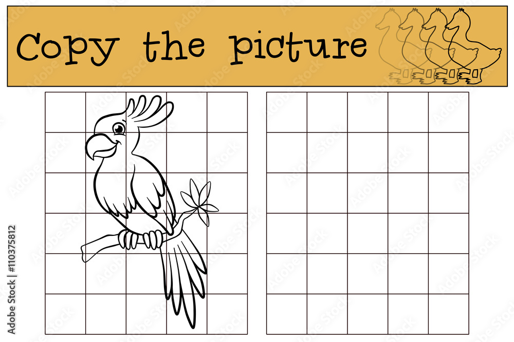 Fototapeta premium Children games: Copy the picture. Little cute parrot sits on the