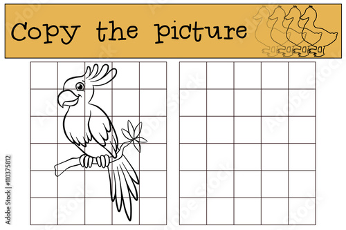 Children games: Copy the picture. Little cute parrot sits on the