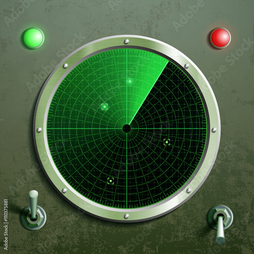 Military green radar. Screen with the target and toggle switches