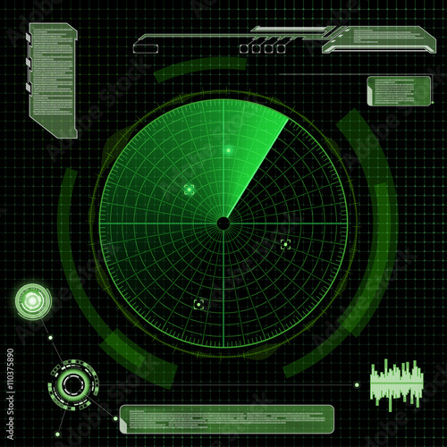 Military green radar. Screen with target. Futuristic HUD interfa