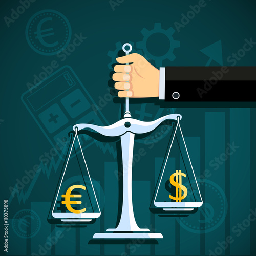 Human hand holds scale with world currency. Dollar and euro. Sto