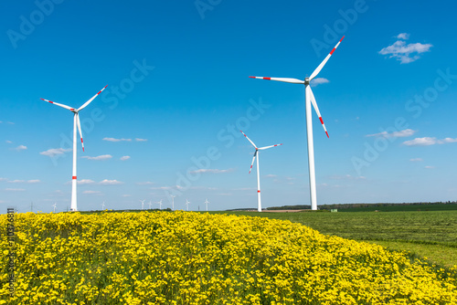 Windwheels and yellow flowers seen in rural Germany