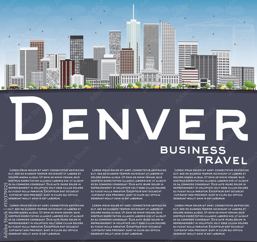 Denver Skyline with Gray Buildings, Blue Sky and Copy Space.