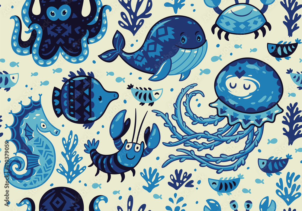 Obraz premium Cartoon seamless pattern with sea live. Vector llustration