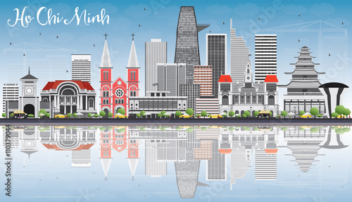 Ho Chi Minh Skyline with Gray Buildings, Blue Sky and Reflection