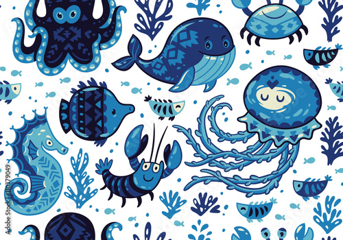 Cartoon seamless pattern with sea live. Vector llustration