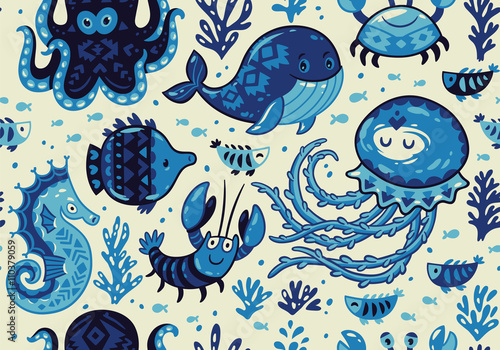 Cartoon seamless pattern with sea live. Vector llustration