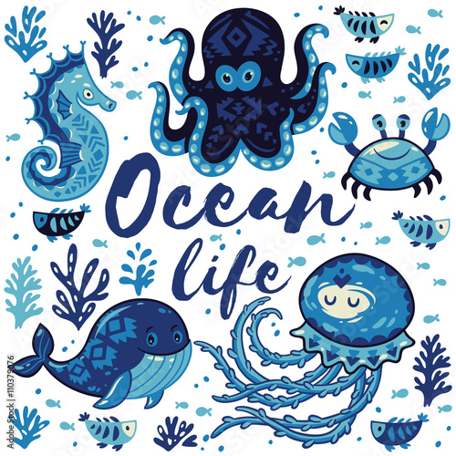 Ocean life. Lovely card with cute animals in nautical style