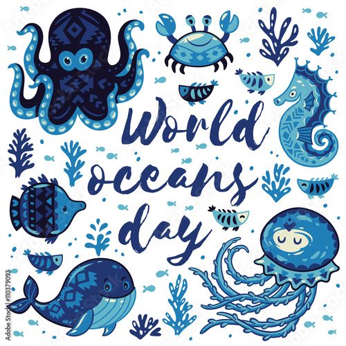 World oceans day. Card with cute animals in nautical style