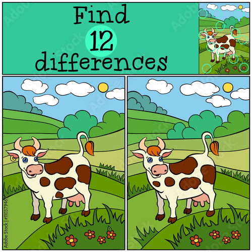 Children games: Find differences. Cute cow stands and smiles in