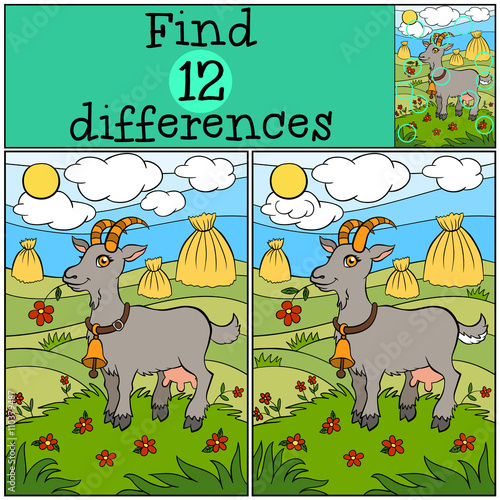 Children games: Find differences. Cute goat stands and smiles in
