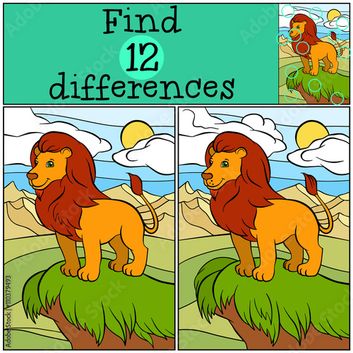 Fototapeta Naklejka Na Ścianę i Meble -  Children games: Find differences. Cute beautiful lion stands on