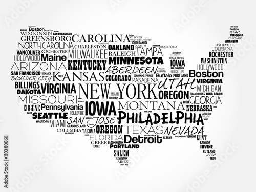 USA Map word cloud with most important cities