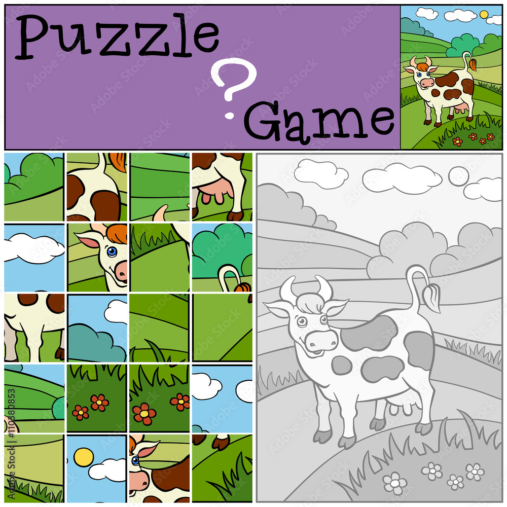 Fototapeta premium Children games: Puzzle. Cute spotted cow stands on the field and
