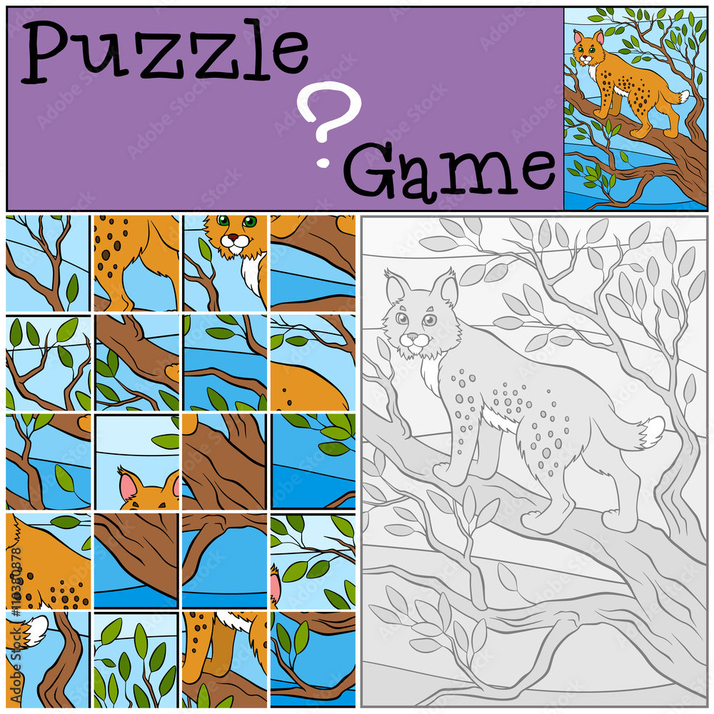 Fototapeta premium Children games: Puzzle. Cute beautiful lynx stands on the tree b