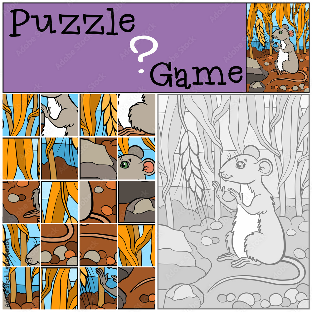 Children games: Puzzle. Little cute mouse looks at the wheat and