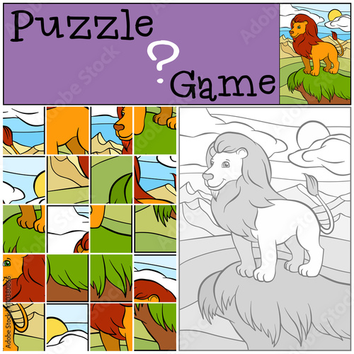 Fototapeta Naklejka Na Ścianę i Meble -  Children games: Puzzle. Cute beautiful lion stands on the hill a