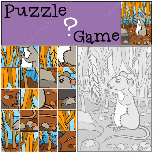 Children games  Puzzle. Little cute mouse looks at the wheat and