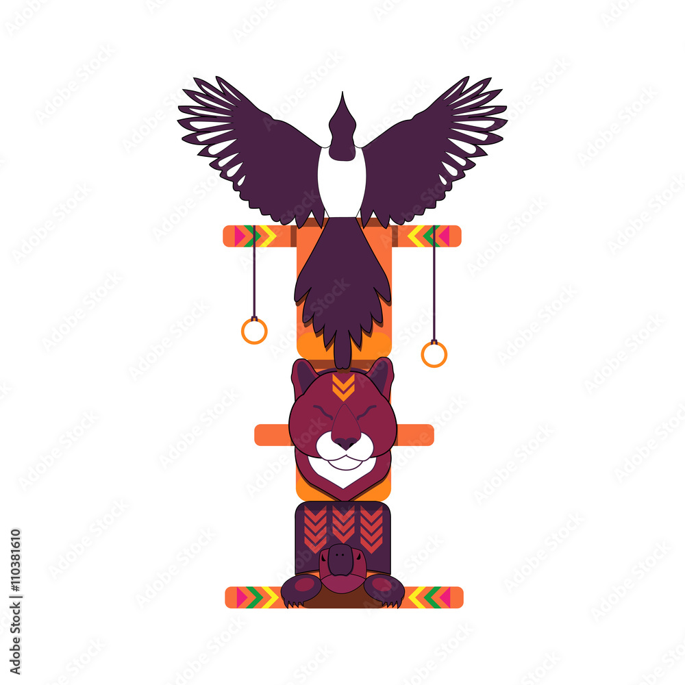 Totem pole - magpie, puma and turtle. North american indian religious symbol. Illustration | Adobe Stock