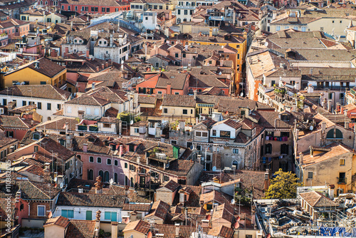 An aerial view of the roofs of the town of Venice in Italy