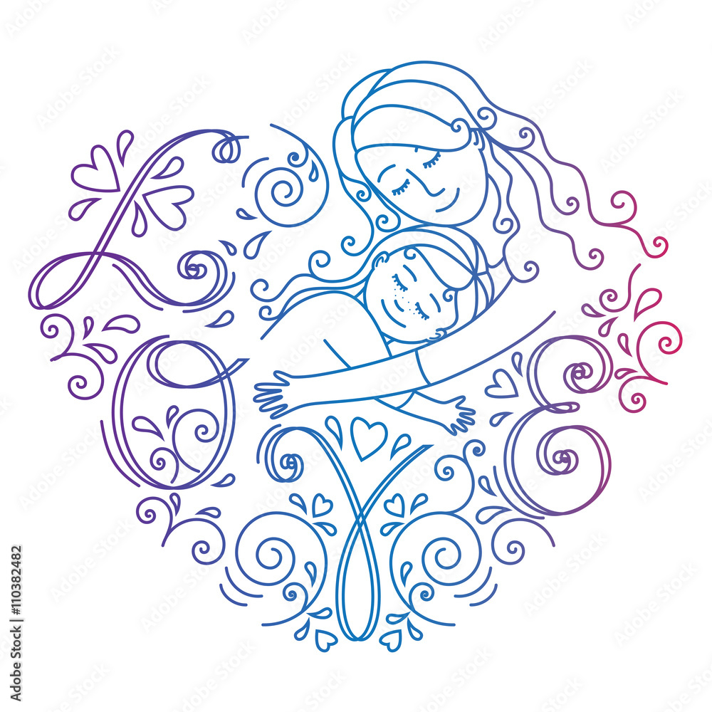 Mother and daughter in love inside round.Template for card.Mother ...